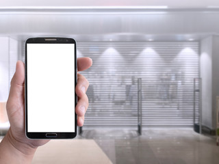 mockup display mobile phone in hand with blurred  background