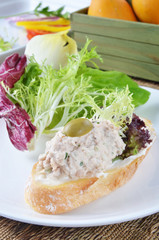 Tuna fish  sandwich with salad on on white plate  