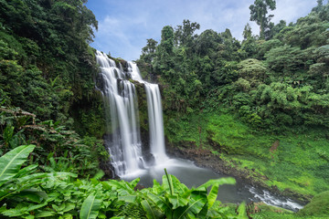 Fototapeta premium Waterfall in Thailand. Peaceful natural background with beautiful waterfall in jungle rainforest with wet stones in water and natural pond pool.