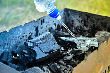 delicious and juicy kebab cooked on fire. fire in barbecue grill