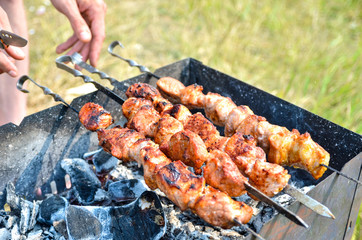 delicious and juicy kebab cooked on fire. fire in barbecue grill