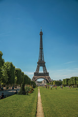 People, greenery and Eiffel Tower with sunny blue sky in Paris. Known as the &ldquo;City of Light&rdquo;, is one of the most awesome world&rsquo;s cultural center. Northern France.