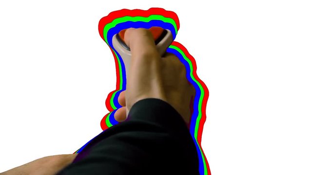 Playing with a retro vintage joystick (input device for computer games) in front of a white screen. The stick is surrounded by an RGB outline.

