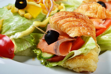  Smoked salmon croissants with salad on the plate