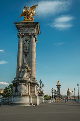 Naklejka premium Marble column with golden statue adorning the Alexandre III bridge over the Seine River in Paris. Known as the “City of Light”, is one of the most impressive world’s cultural center. Northern France.