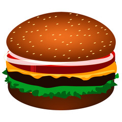 Burger with Cheese Lettuce Tomato Onion on a Sesame Bun