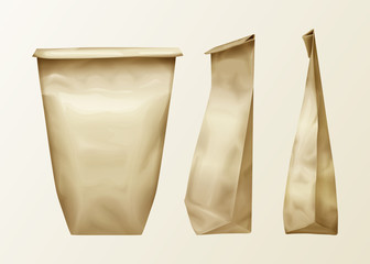 Vector realistic wrinkled paper bag various view set. Lunch pack or food snack, kitchen ingredients, spices recycle folded blank packaging template. 3d coffee of tea package mockup.