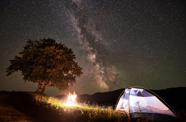 Illuminated tourist tent at night near campfire and beautiful big tree under incredible starry sky with Milky way. Night summer camping in the mountains. Concept of active lifestyle. Astrophotography