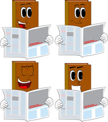 Books reading newspaper. Cartoon book collection with happy faces. Expressions vector set.