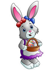 Cartoon Easter bunny with a basket full of eggs