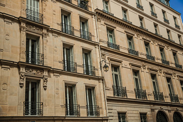 Fototapeta na wymiar Facade of typical building with balcony, flowered windows and leafy tree in a sunny day at Paris. Known as the “City of Light”, is one of the most impressive world’s cultural center. Northern France.