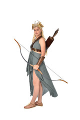 full length portrait of pretty blonde lady wearing fantasy toga gown,  and holding a bow and arrow. standing pose on white background.