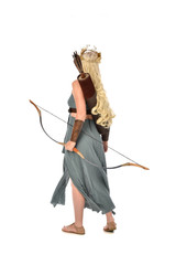 full length portrait of pretty blonde lady wearing fantasy toga gown,  and holding a bow and arrow. standing pose on white background.