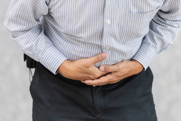 Old man Stomachache. Senior officer stress pain stomach.