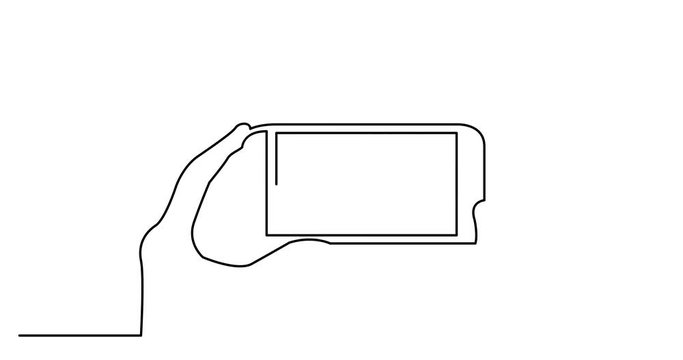 Self drawing animation of continuous line drawing of hands making photo on smartphone