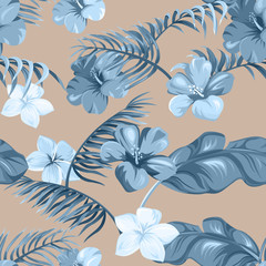 Seamless pattern with tropical leaves and flowers 