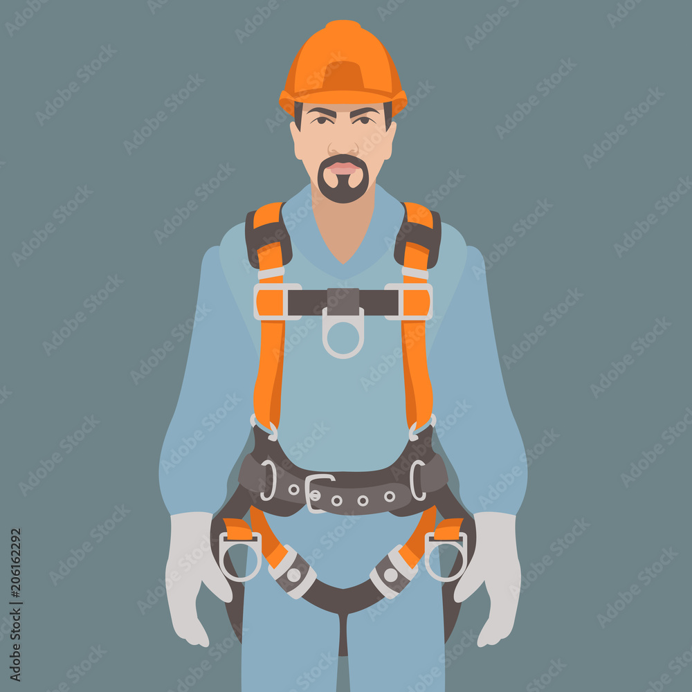 Wall mural worker climbing safety belt vector illustration flat