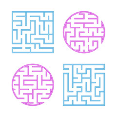 A set of colored labyrinths for children. A square, round maze. Simple flat vector illustration isolated on white background.