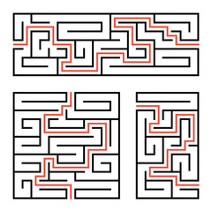A set of square and rectangular labyrinths with entrance and exit. Simple flat vector illustration isolated on white background. With the answer.