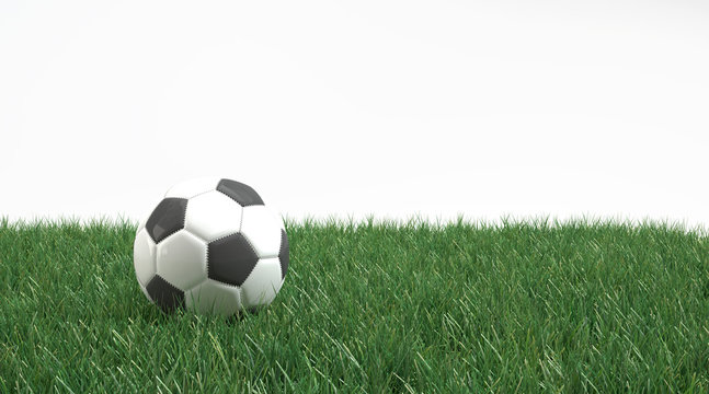 Soccer ball on fresh green grass isolated on white