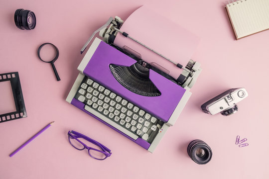 Flat lay of retro blogger equipment background.