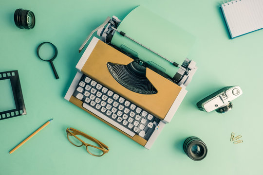 Flat lay of retro blogger equipment background.