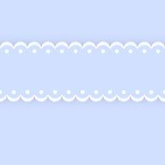 Blue and white scalloped lacy edge embroidery ribbon, seamless border, vector