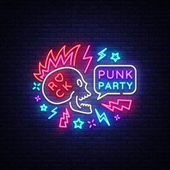 Punk Party Neon Sign Vector. Rock music logo, night neon signboard, design element invitation to Rock party, concert, festival, night bright advertising, light banner. Vector illustration