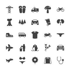 Modern Simple Set of transports, health, clothes, nature Vector fill Icons. Contains such Icons as  transportation,  warm,  spring,  flower and more on white background. Fully Editable. Pixel Perfect.