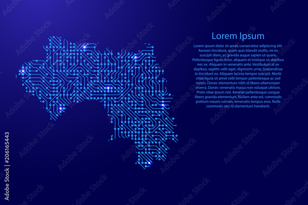 Fototapete map republic guinea from printed board, chip and radio component with blue star space on the contour