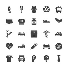 Modern Simple Set of transports, health, clothes, nature Vector fill Icons. Contains such Icons as  garden,  rocket,  technology, tree, ear and more on white background. Fully Editable. Pixel Perfect.