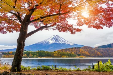 Fotobehang Herfstseizoen en Fuji-bergen bij Kawaguchiko-meer, Japan. © tawatchai1990