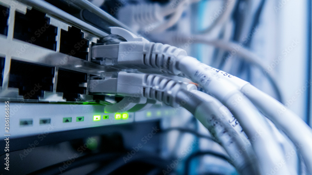 Poster network cables connected to switch. network hub.