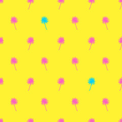 Palm trees seamless pattern. Tropical summer background. Pink blue palm on yellow background. Exotic seamless pattern with palm. Vector AI10