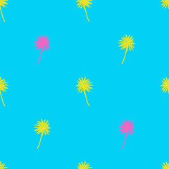 Palm trees seamless pattern. Tropical summer background. Yellow pink palm on blue background. Exotic seamless pattern with palm. Vector AI10