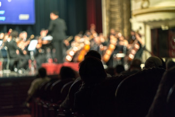 Blurred Audience in a theater, on a concert. Viewers watching the show.