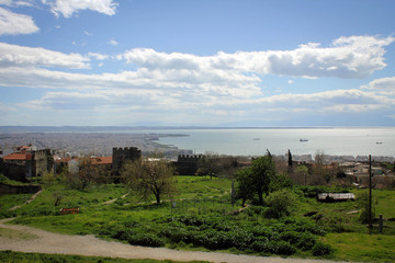 Fototapeta na wymiar Scenic panoramic view of Thessaloniki from Heptapyrgion hill, Greece