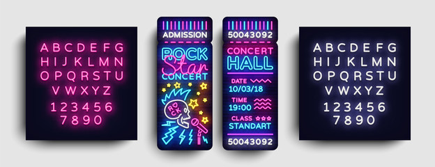 Rock Concert Ticket Design Template in Modern Trend Style. Rock Star Concert Tickets Vector Illustration, Neon Style, Light Banner, Bright Advertising. Nightlife Vector. Editing text neon sign