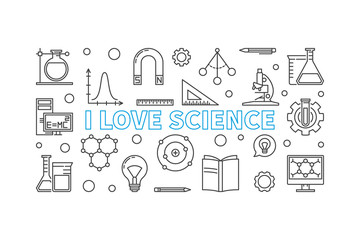 Fototapeta na wymiar I love science vector horizontal banner in line style