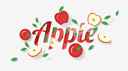 Word apple design decorated with red apple fruits and leaves in paper art style , vector , illustration