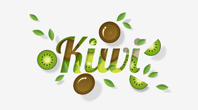 Word kiwi design decorated with kiwi fruits and leaves in paper art style , vector , illustration