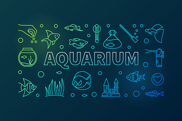 Aquarium vector colorful horizontal banner in thin line style