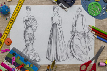 Fashion designer studio with sketch on table