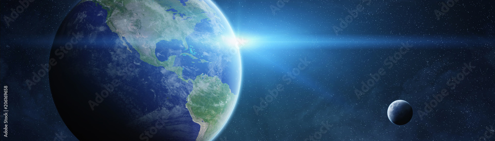 Poster panoramic view of planet earth with the moon 3d rendering elements of this image furnished by nasa
