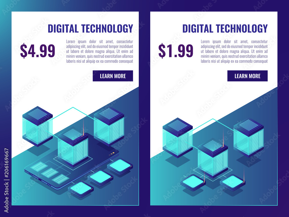Poster banner of hosting and data cloud storagem, server room brochure with price, datacenter and database 