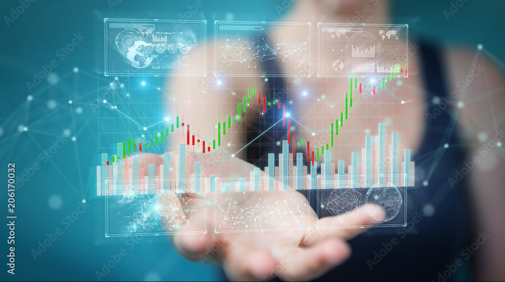 Poster Businessman using 3D rendering stock exchange datas and charts