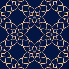 Golden floral element on dark blue background. Seamless pattern
