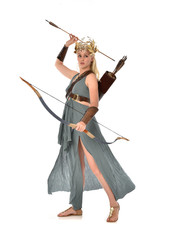full length portrait of pretty blonde lady wearing fantasy toga gown,  and holding a bow and arrow. standing pose on white background.