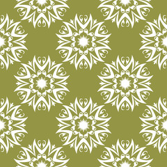 White floral seamless pattern on olive green background