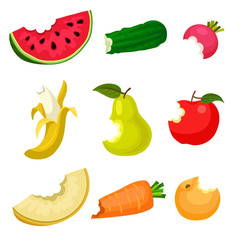 Flat vector set of bitten fruits and vegetables. Natural and tasty food. Healthy nutrition. Design for poster, banner or product packaging